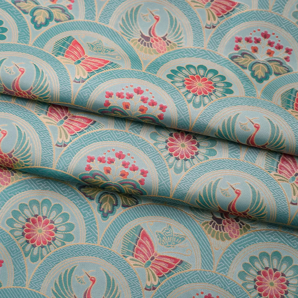 tissu imprimé fleurs papillons polyester bleu rose vert beige classique orné coudre vêtement décoration