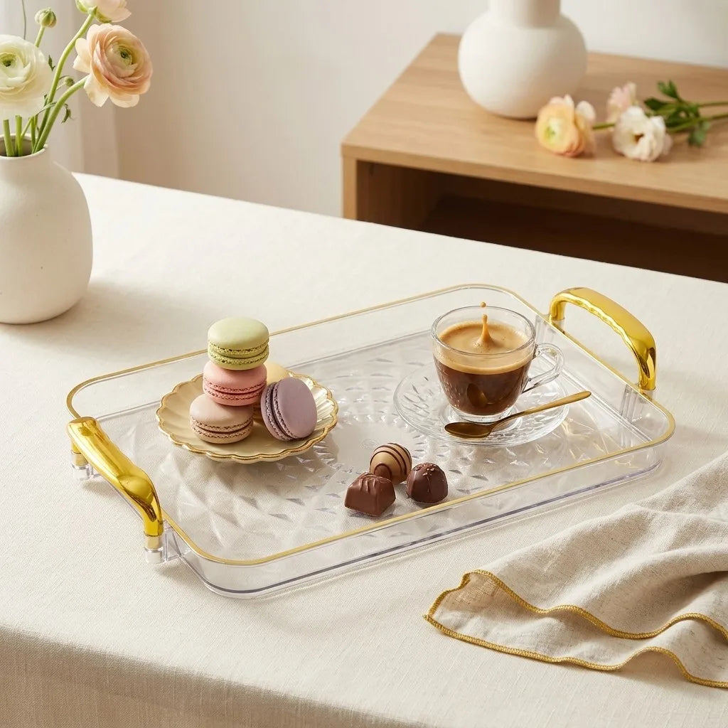 plateau rectangulaire transparent moderne poignées dorées diamant 3d nourriture rangement cuisine élégant respectueux environnement