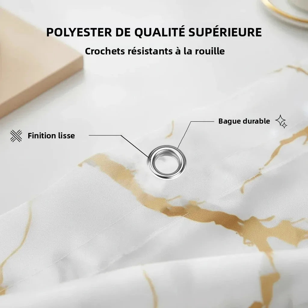rideau douche marbre blanc doré moderne 12 crochets opacité polyester salle bain decoration