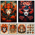 Une collection d'illustrations colorées et détaillées représentant des visages et masques japonais ornés de fleurs rouges et orangées, créant une atmosphère mystique et fascinante.