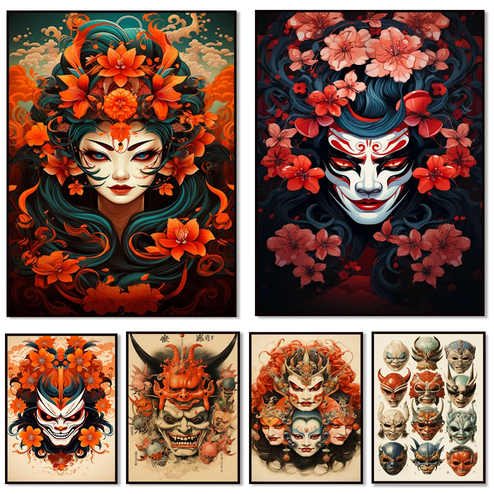 Une collection d'illustrations colorées et détaillées représentant des visages et masques japonais ornés de fleurs rouges et orangées, créant une atmosphère mystique et fascinante.