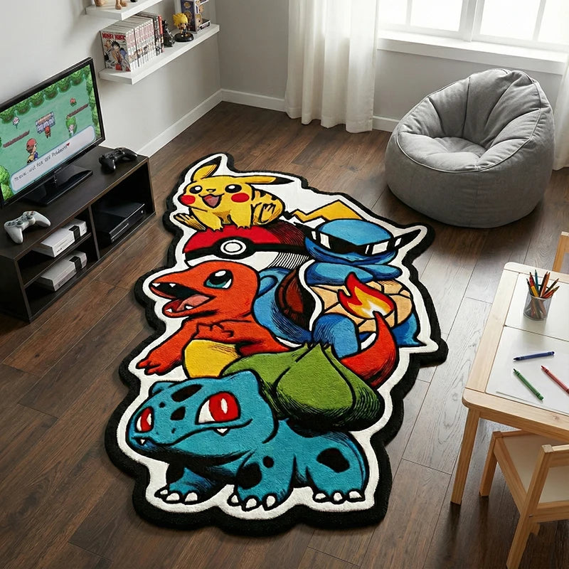 tapis multicolore pokémon pikachu charmander bulbasaur squirtle enfant chambre salon decoration