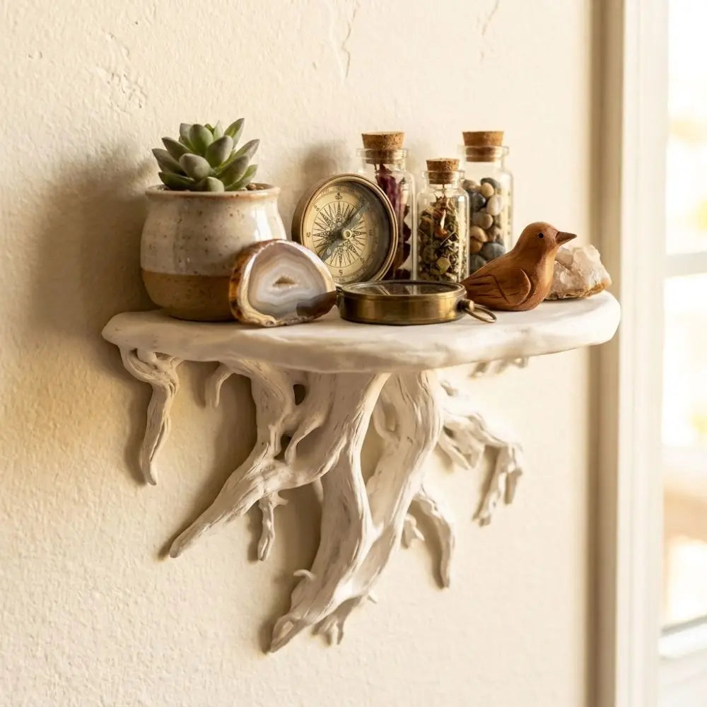 étagère murale racine arbre noir blanc branches naturel rustique objets décoration maison plante vase
