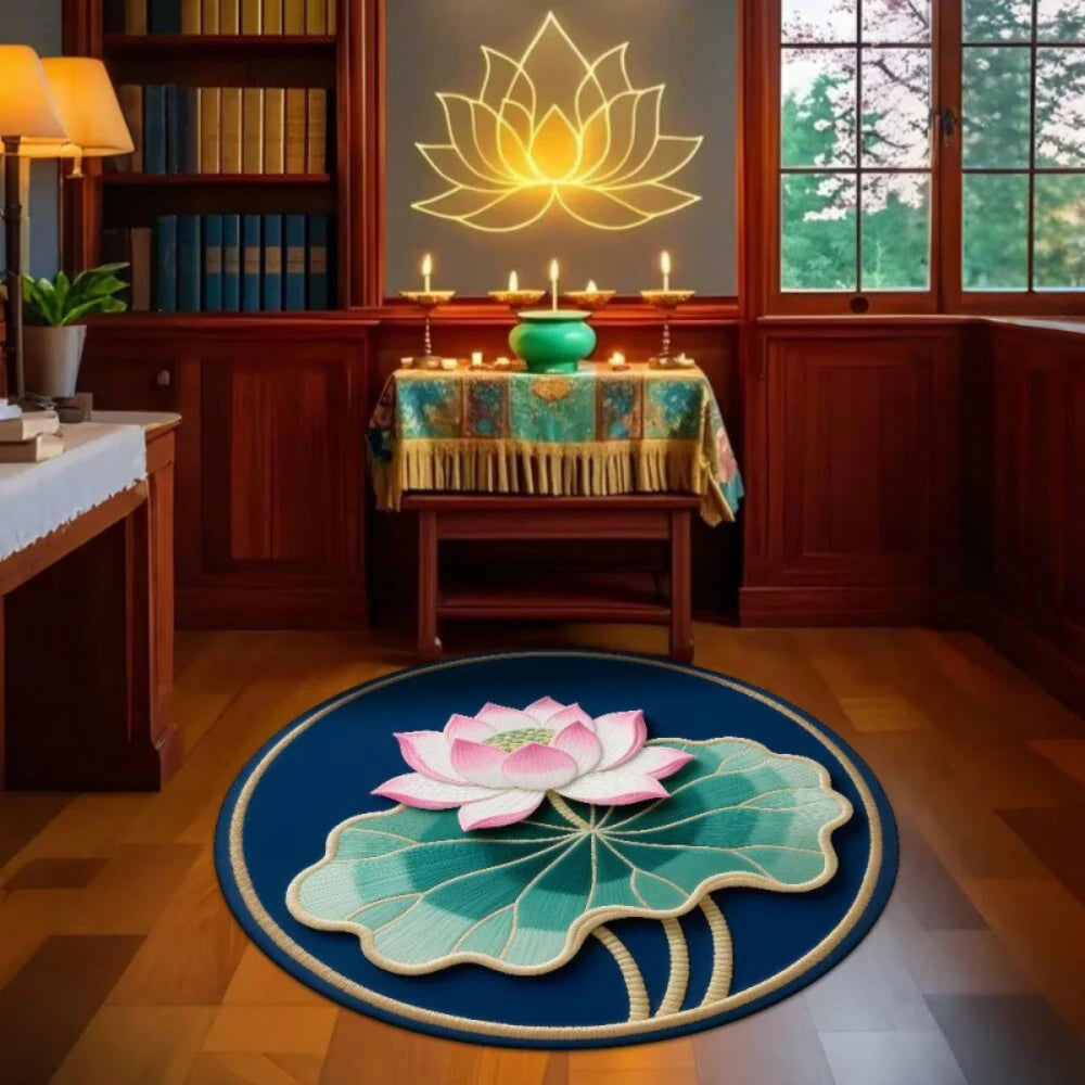 tapis rond fleur lotus vert rose blanc décoration zen salon chambre moderne ethnique