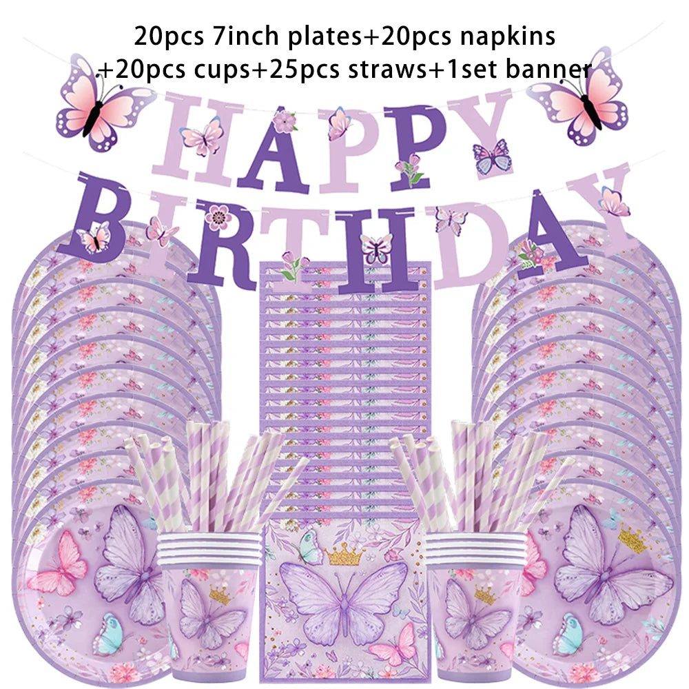 vaisselle jetable fête anniversaire papillons violets roses fleurs couronnes paillettes dorées assiettes tasses serviettes