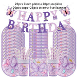 vaisselle jetable fête anniversaire papillons violets roses fleurs couronnes paillettes dorées assiettes tasses serviettes