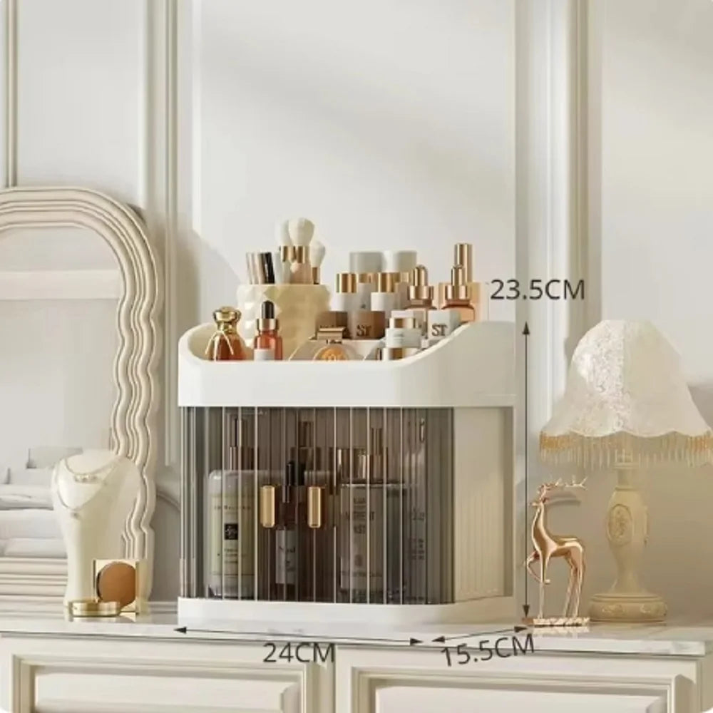 rangement cosmétique étagère moderne beiges doré rayures bouteilles tubes flacons poudres palettes maquillage