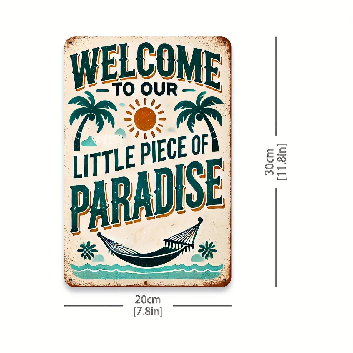 plaque decorative vintage blanc vert bleu brun palmiers soleil hamac fleurs vague bienvenue exterieur