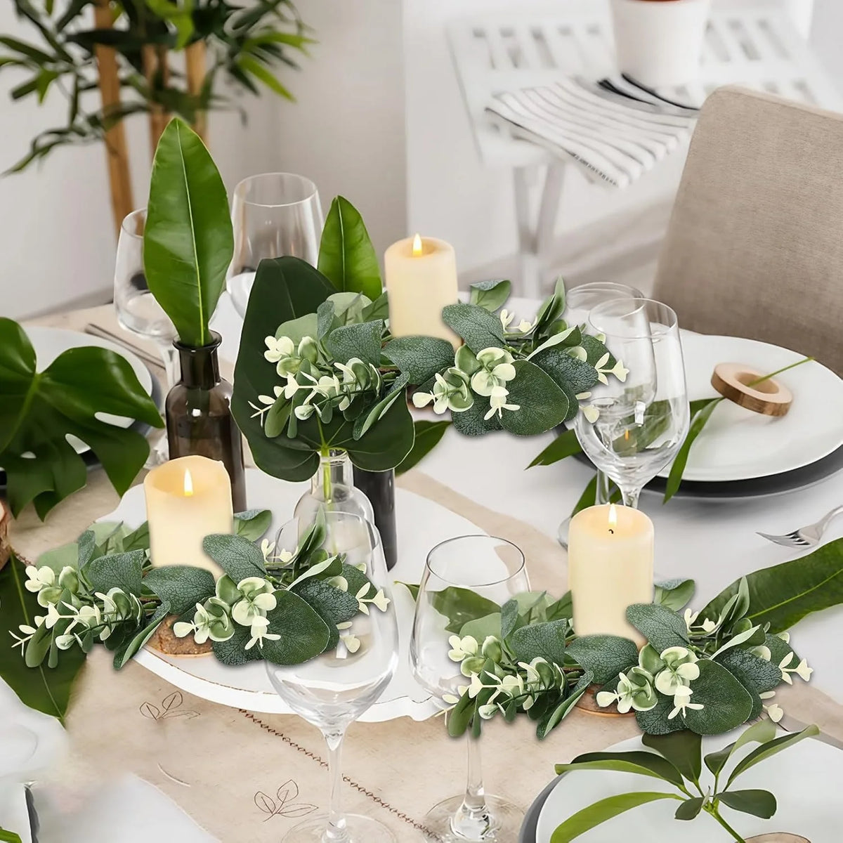 décoration intérieure couronne feuilles artificielles vertes fleurs blanches naturelle rustique anniversaire maison