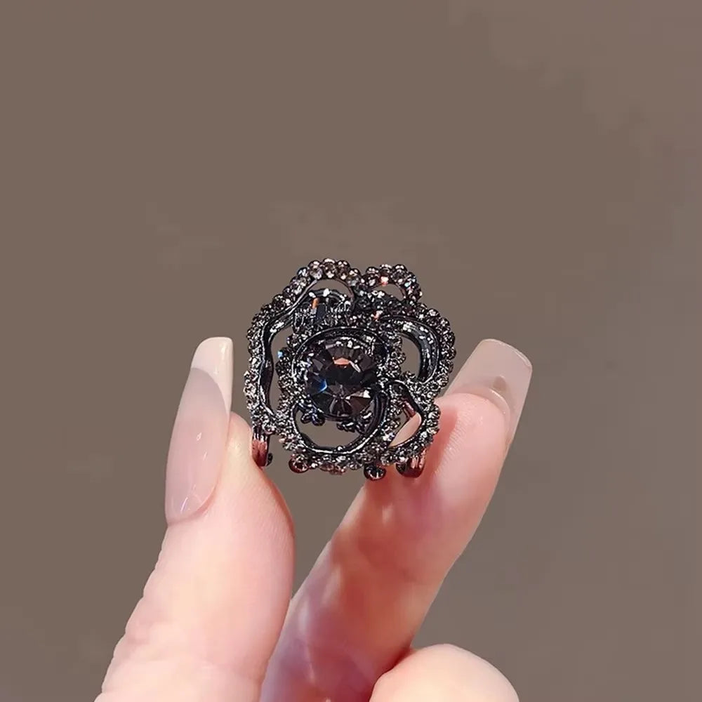 bague vintage élégante fleurs strass noir argenté femme quatre saisons decoration