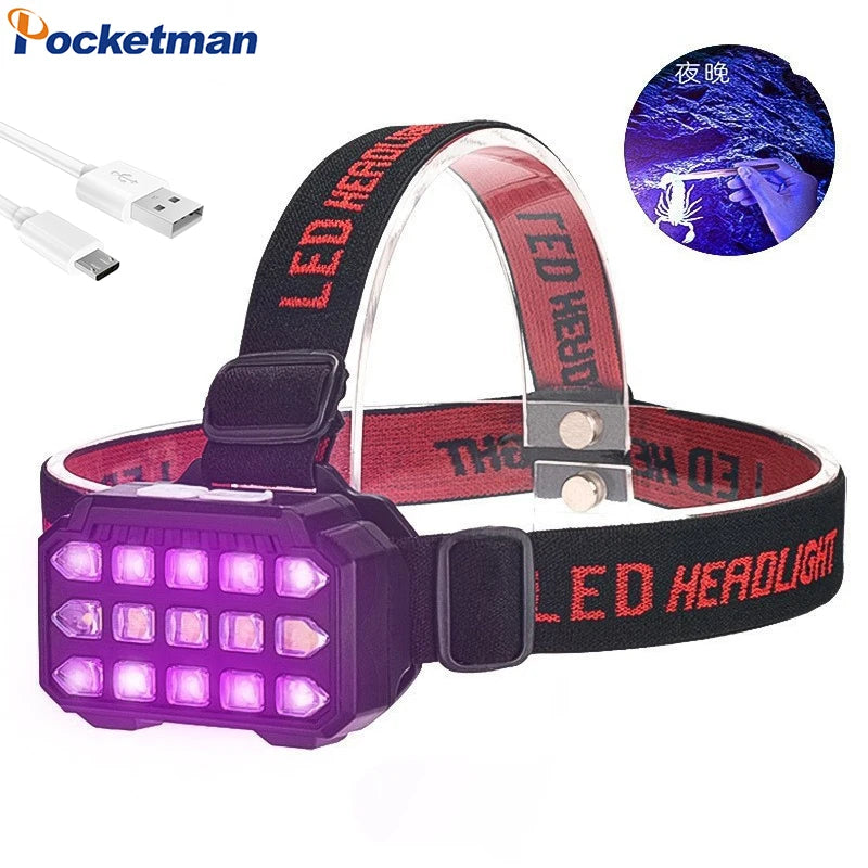 lampe frontale uv led rechargeable violet noir rouge imprime lettres rouges bandeau ajustable cordon