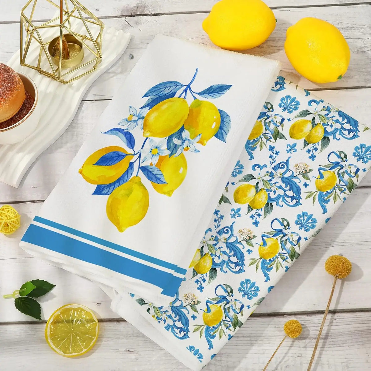 serviettes cuisine rectangulaires blanc jaune bleu citrons fleurs bordure bleue rustique 60x40cm adaptable table