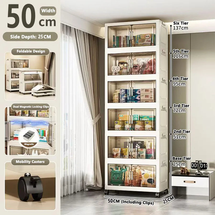 meuble rangement modulable blanc roulettes portes transparentes rayures verticales modernes