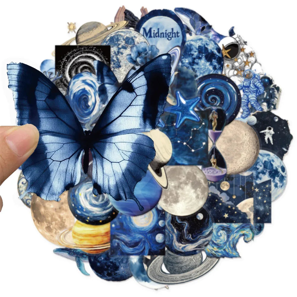 sticker adhésif galaxie planètes astronaute cerveau humain bleu noir blanc détaillé 50pcs