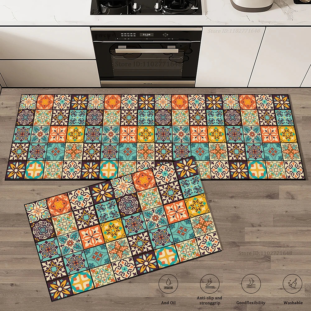 tapis sol moderne multicolore motif carreaux géométriques ethnique antidérapant intérieur cuisine salle bain