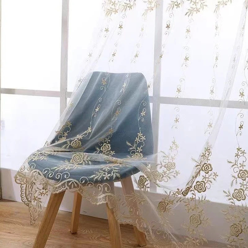 rideau transparent brodé rose doré élégant floral maison bureauextérieur tringle or polyester