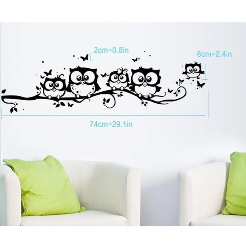 sticker mural oiseaux chouettes branches dessin animé adhésif noir salle enfant chambre salon