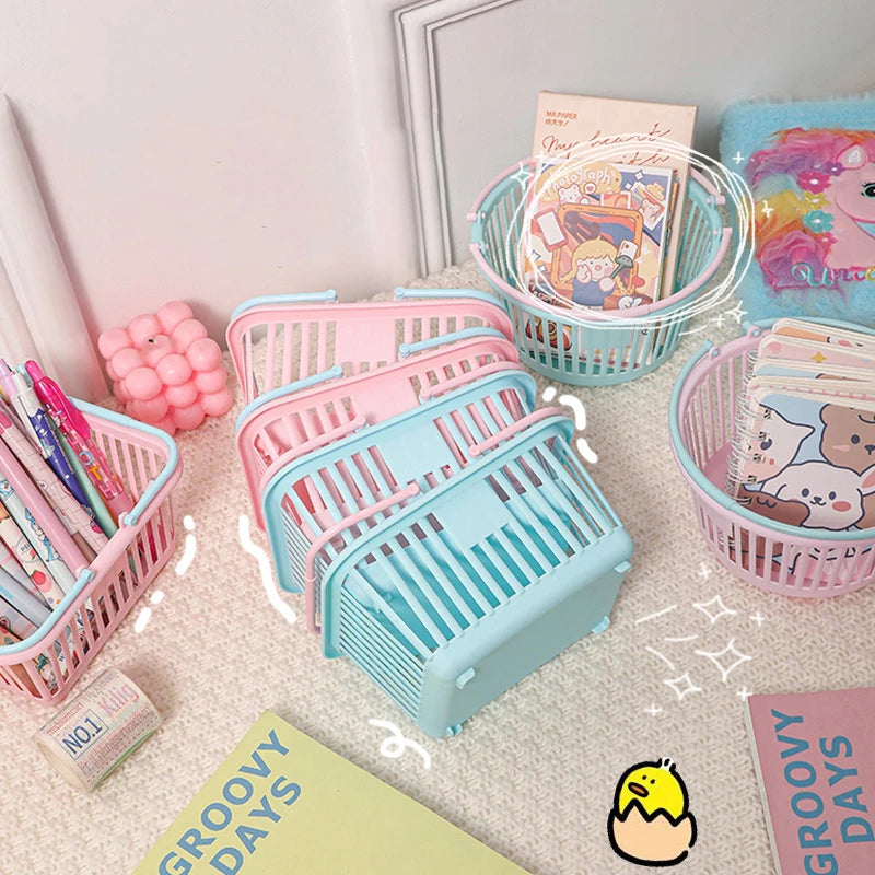 panier rangement rose clair bleu pastel poignées détachables rangement moderne utilisation multiple plastique organiser