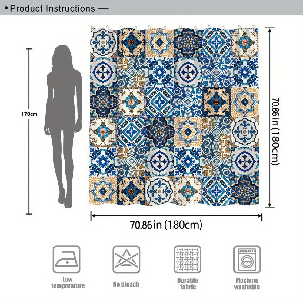 rideau douche vintage ethnique bleu blanc patchwork motifs géométriques opacité anneaux métalliques