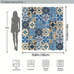 rideau douche vintage ethnique bleu blanc patchwork motifs géométriques opacité anneaux métalliques