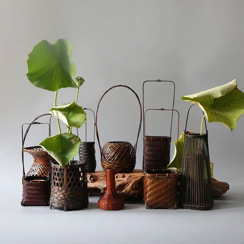 panier rotin tressé main vase bambou décoration fleurs rustique artisanal maison