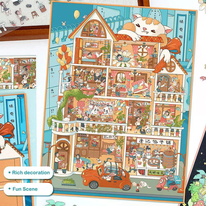 puzzle multicolore dessin animé adhésif portes fenêtres meubles personnages voitures animaux plantes scène ville