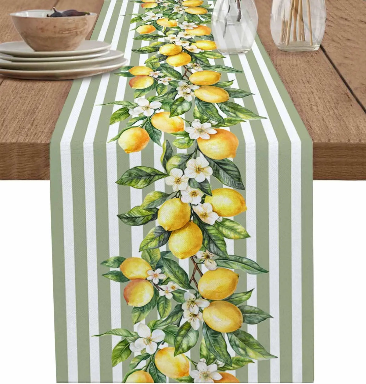 table table lin motif citrons fleurs rayures vertes esté