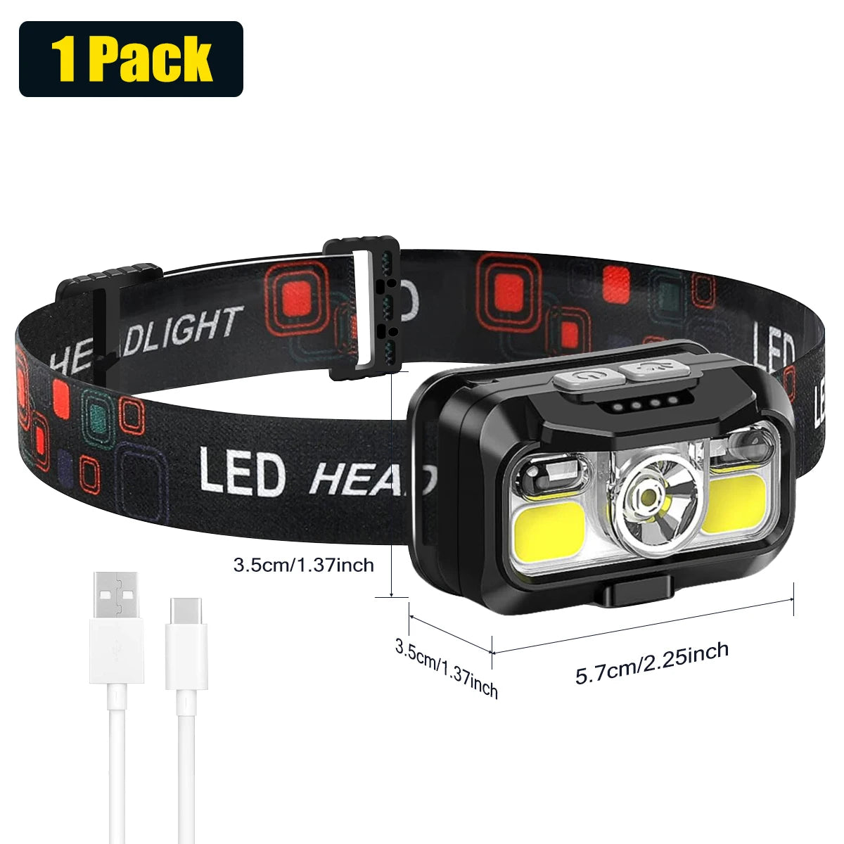 lampe frontale led rechargeable noire bande ajustable carrés rouges blancs modes capteur mouvement étanche