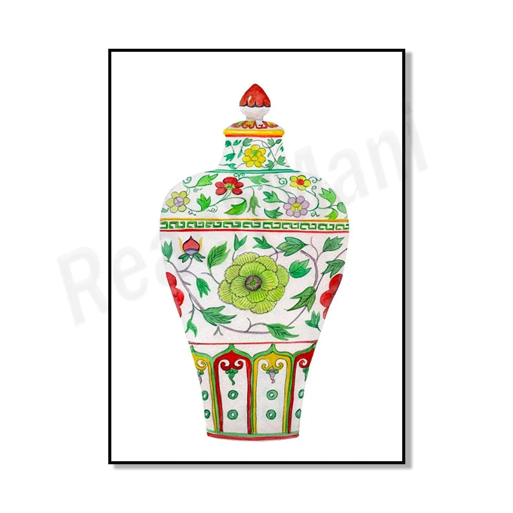 Vase décoratif en céramique peint à la main avec des motifs floraux, un couvercle et des ornements en relief, dans des teintes de vert, de jaune et de rouge.