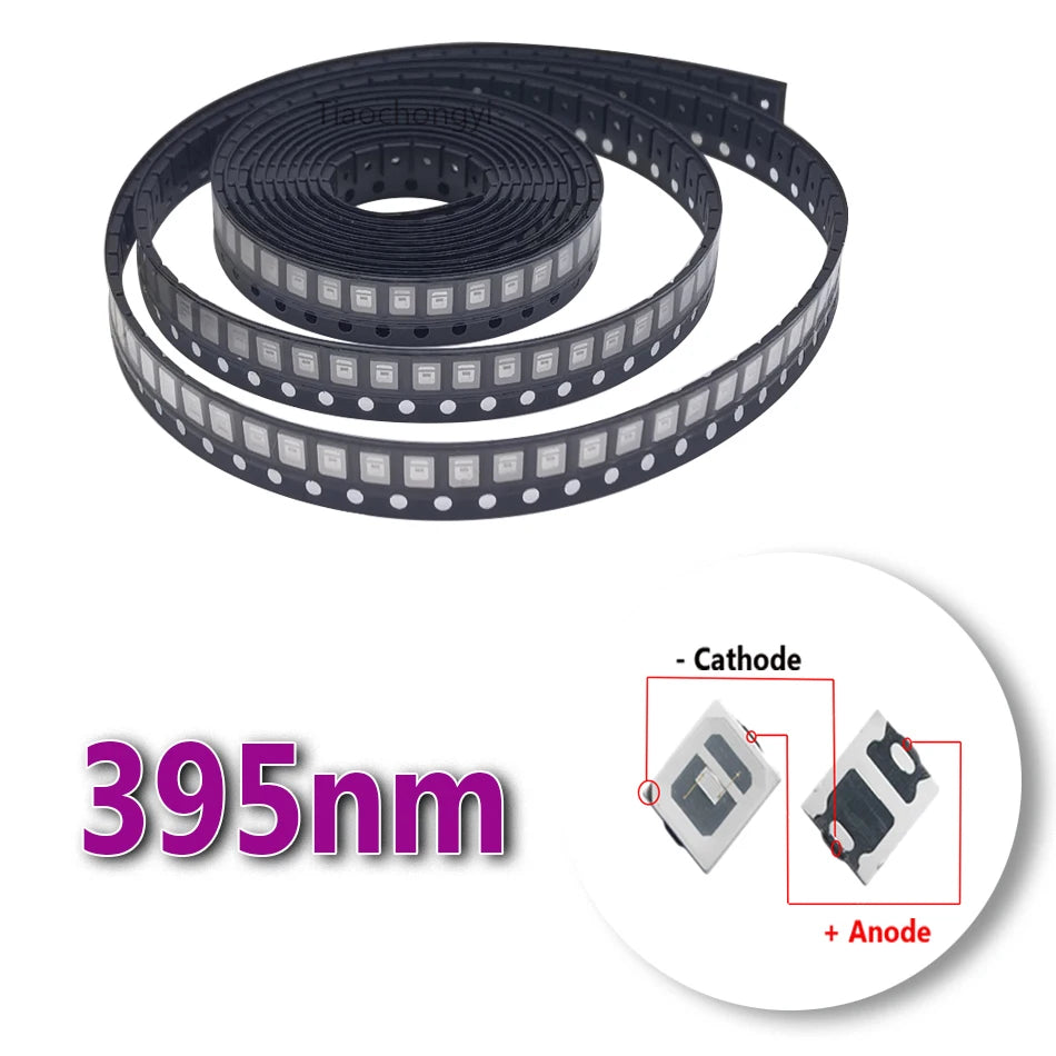 diodes led smd 2835 uv blanc noir carré mat adhésif 3v 150ma 365nm 395nm