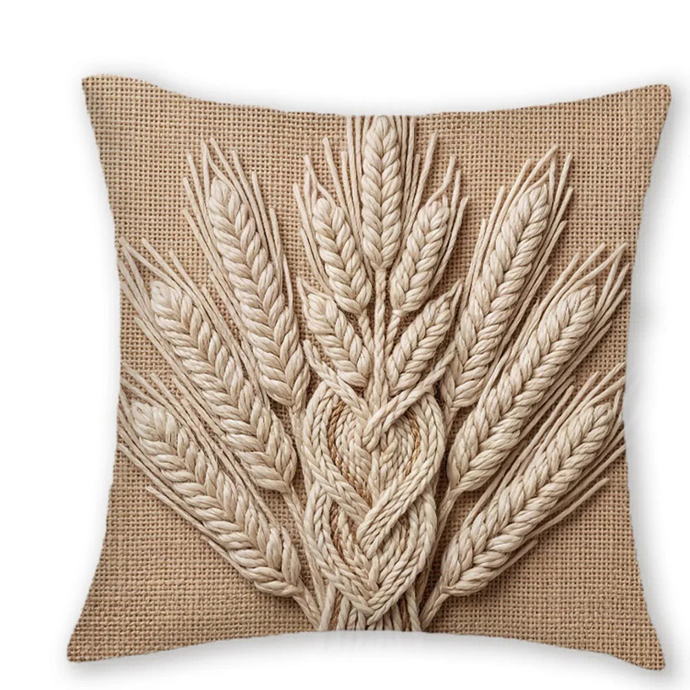 housse coussin brodée épis blé nœud celtique boho farmhouse beige rustique machine