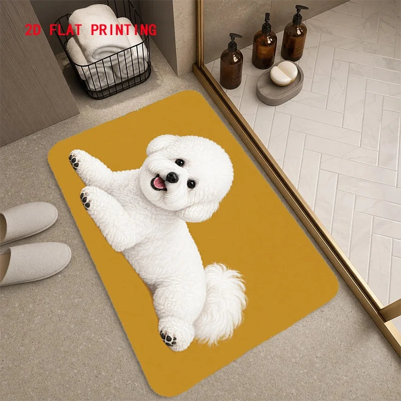 tapis d'entrée moderne imprimé chien fleurs résistant taches gris blanc noir