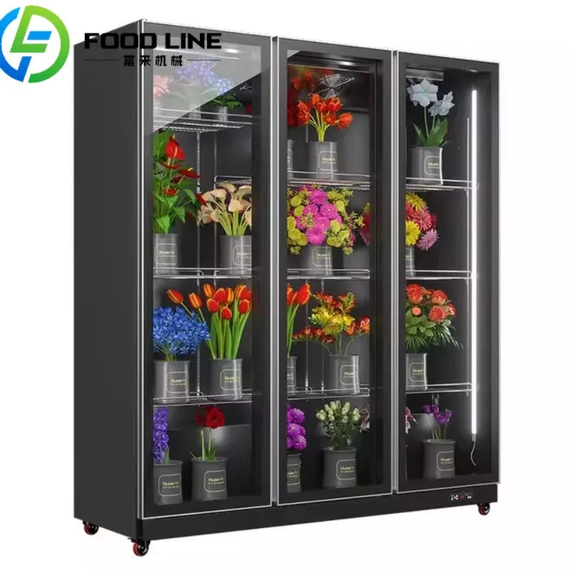 présentoir commercial triple porte vitre anti buée fleurs bouquets pots roulettes moderne