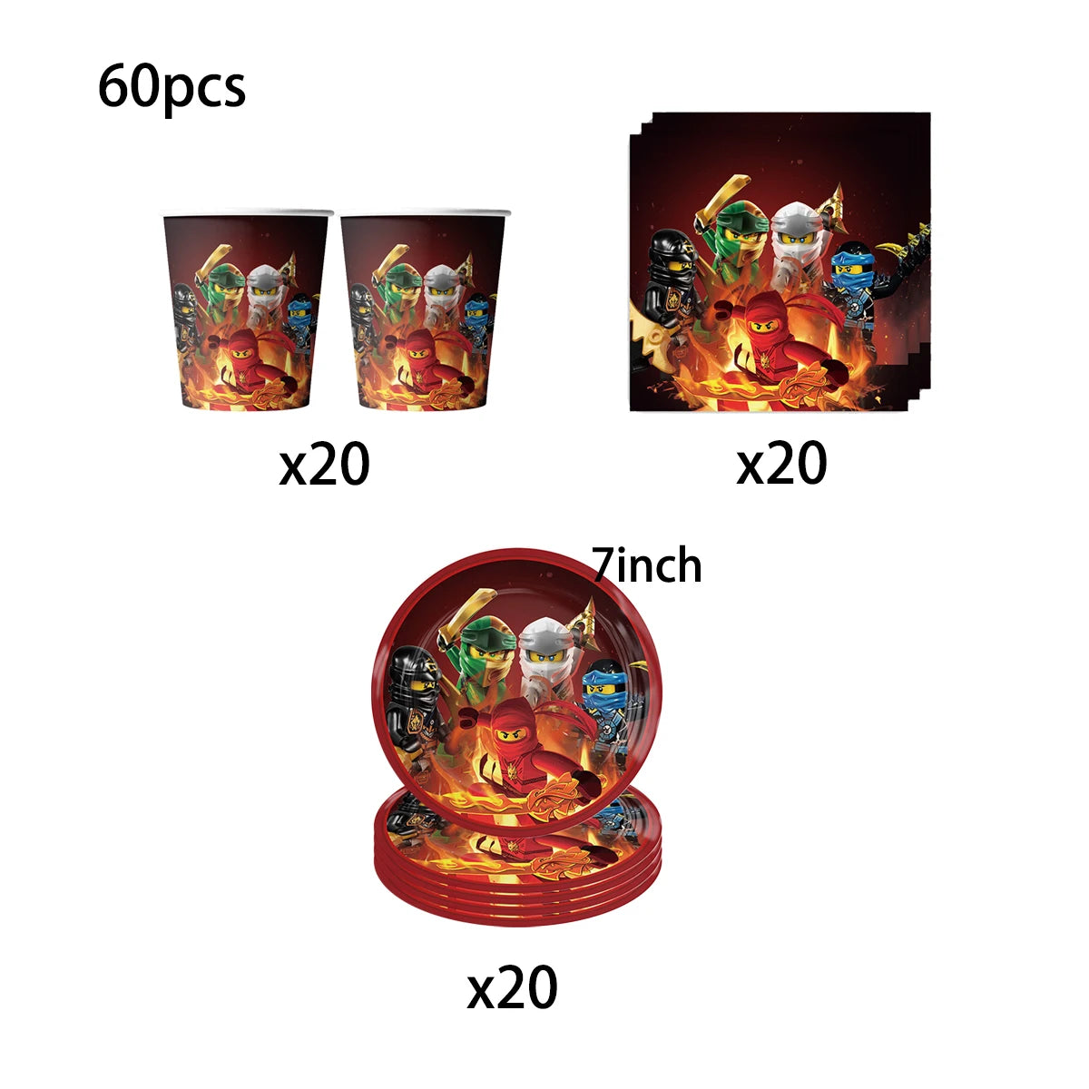 assiettes papier serviettes gobelets tissu table ninjas feu anniversaire thème ninja rouge vert