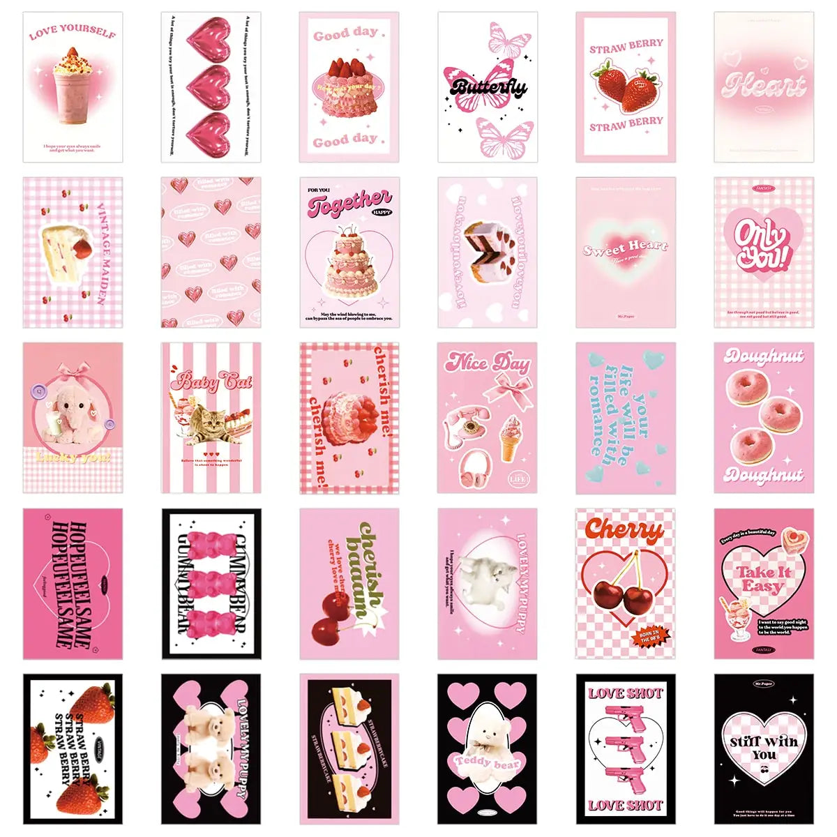 affiches kawaii girly moderne motifs fruits pompons tringle bois cartes décoratives rose rouge blanc