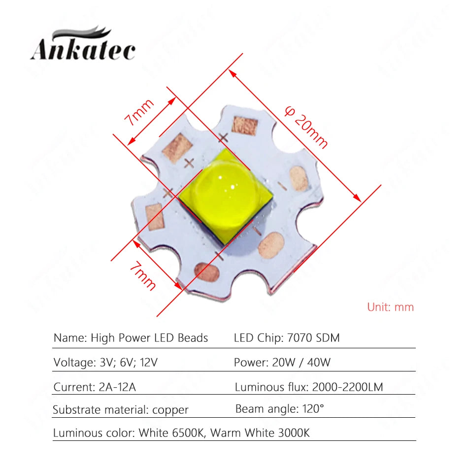 diodes led hautes puissances 20w 40w vert jaune blanc support cuivre smd 7070