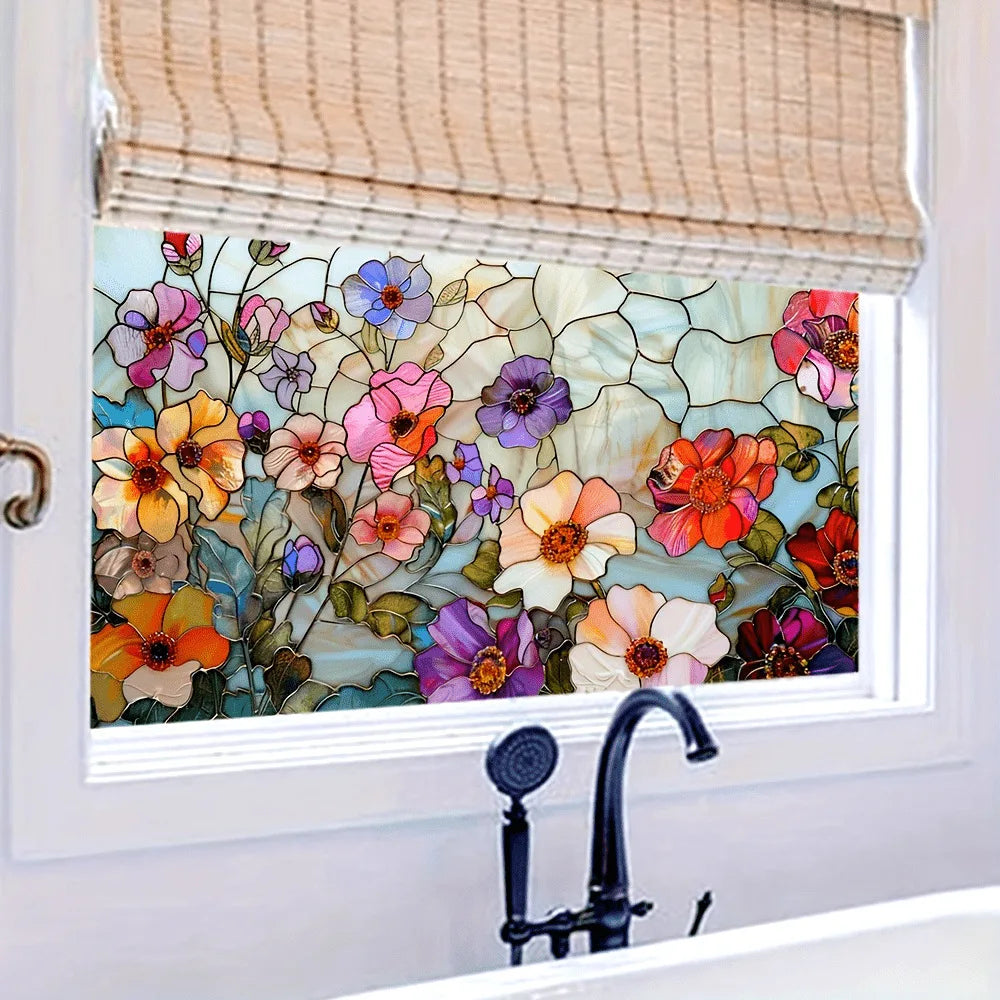film décoratif fleurs feuilles multicolore adhésif opacité art deco vitrail maison fenêtre 45cm 90cm