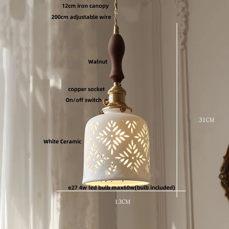 lampe suspendue led blanc doré noyer perforations vintage rustique ampoule e27