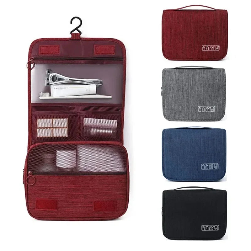 Sac toilette réutilisable portable rouge gris bleu moderne crochets compartments zippés