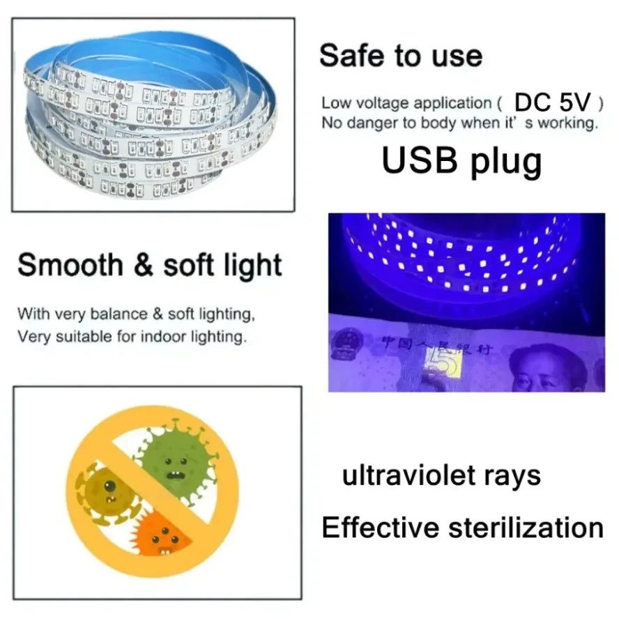 ruban led uv bleu perforé moderne adhésif câble usb 5v 60leds