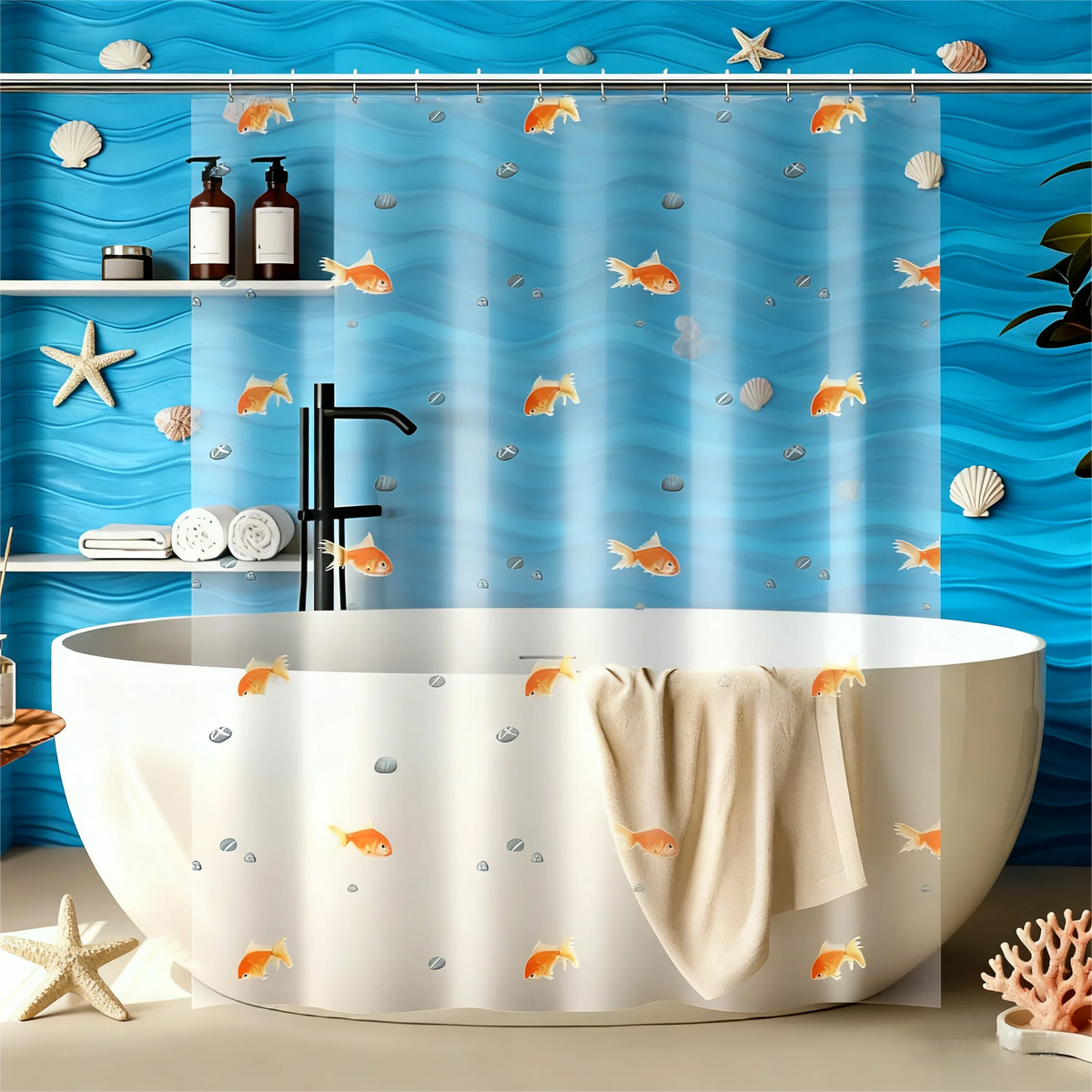 rideau douche transparent poissons dorés coquillages moderne bleu orange blanc gris 12 piques plastique