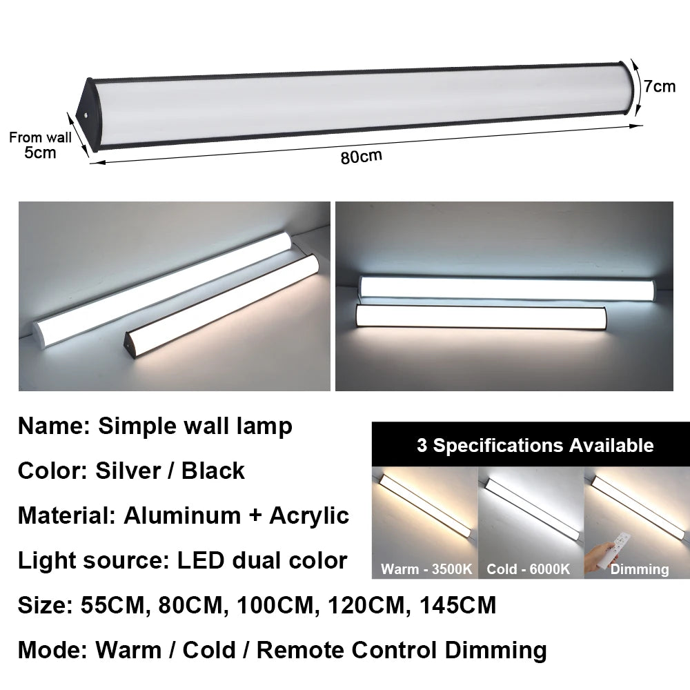Lampe murale LED moderne argent noir 55CM 80CM 100CM 120CM IP65 étanche