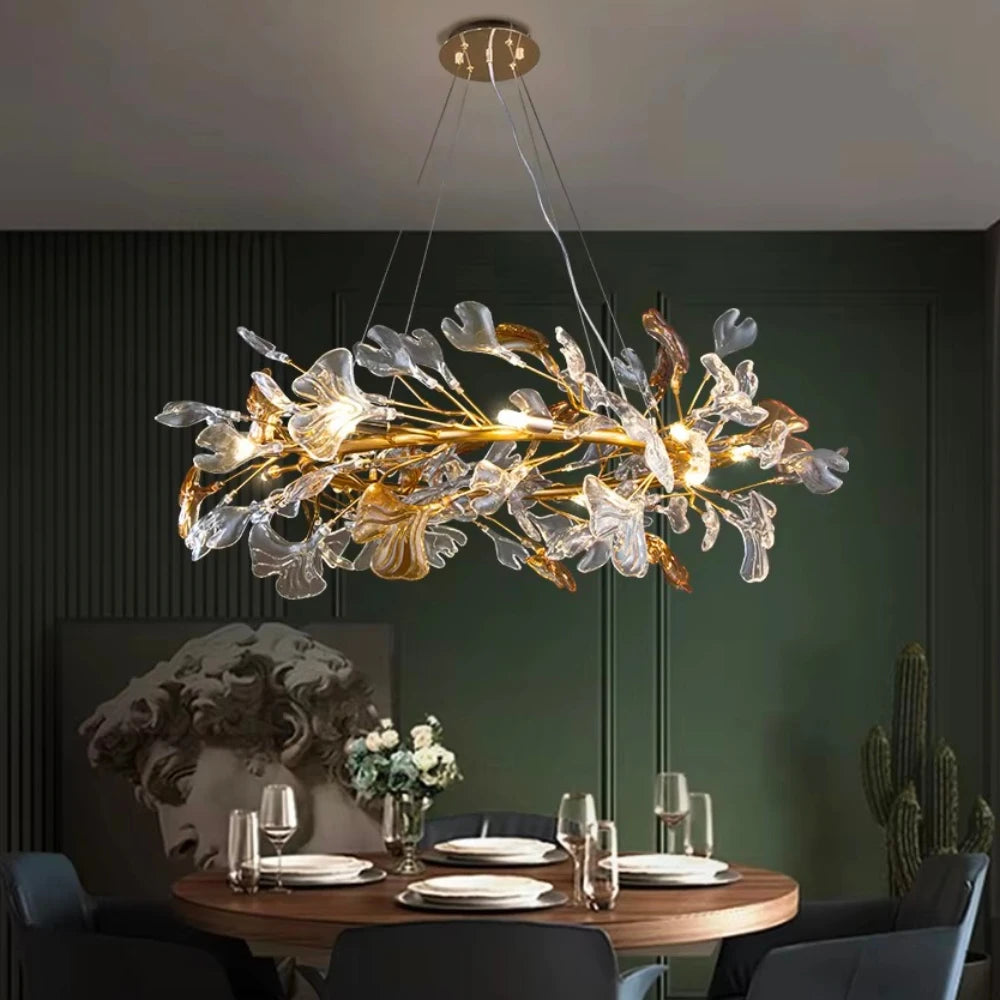 lampe suspendue contemporaine feuilles stylisées doré transparentes chaînes salon chambre 4500k 3000k 6000k