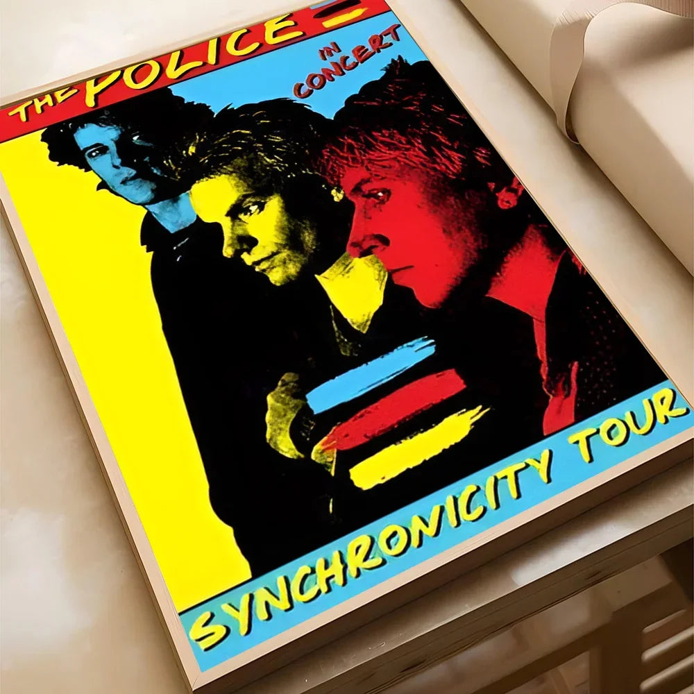 affiche vintage rock groupe police noir blanc bleu jaune salon chambre kawaii déco