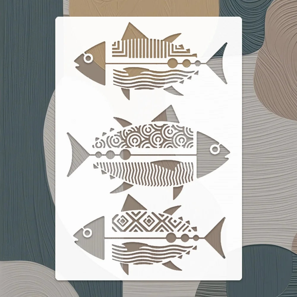 Stencil géométrique poisson ondule blanc brun noir ornement décoration peinture murale artisanale