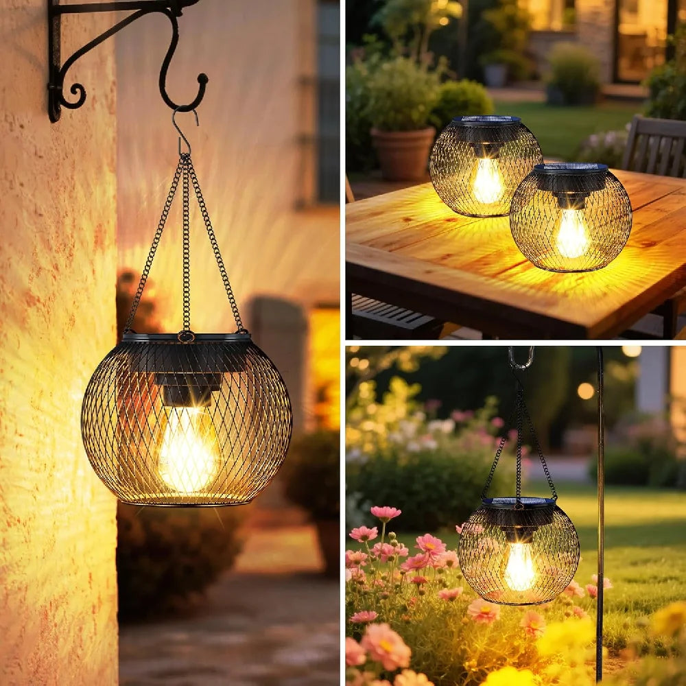 lampe solaire jardin led métal noir doré vintage rustique maille crochets
