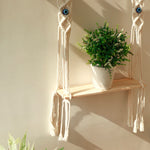 étagère murale bois macramé œil bleu boho chic pot fleurs blanc plante verte