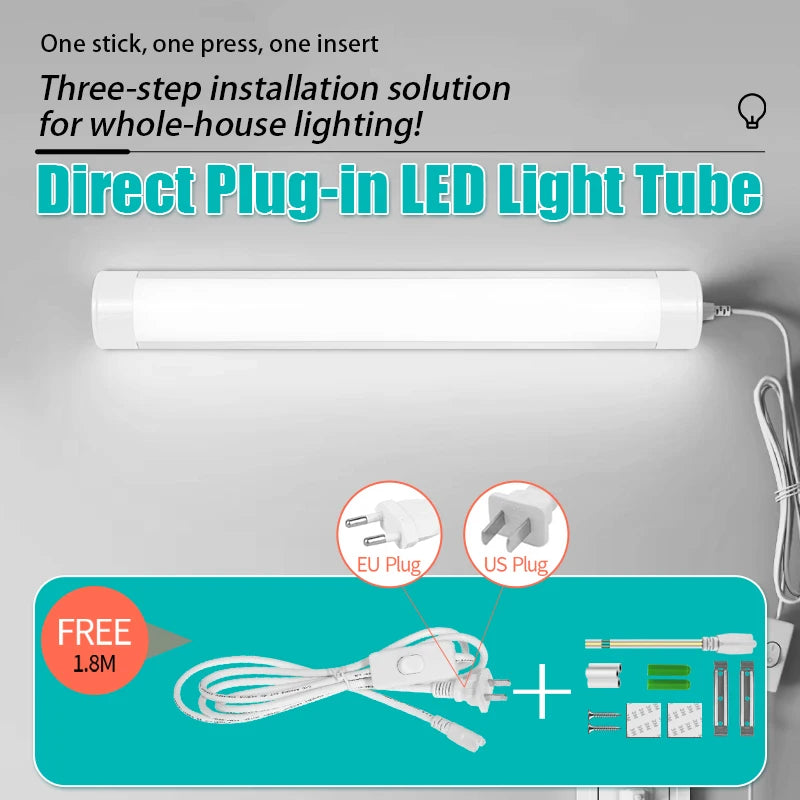 tube led blanc moderne adhésif 60cm câble 1.8m vis fixation 220v 2700k 6500k