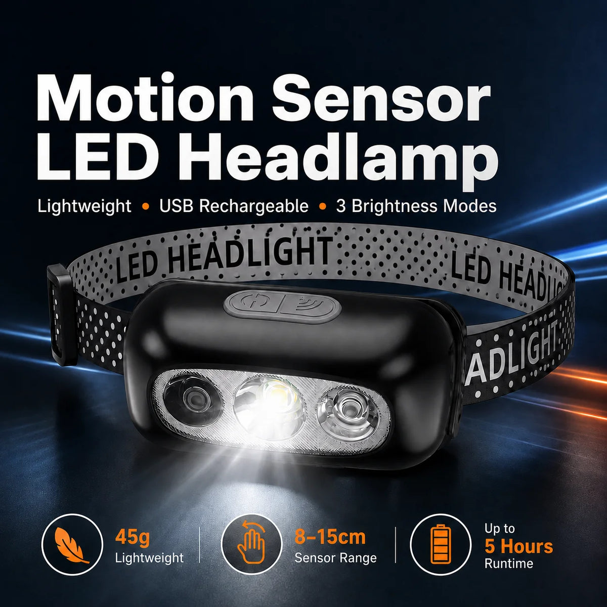 lampe frontale led rechargeable usb détecteur mouvement camping pêche randonnée adjustable headband noir moderne