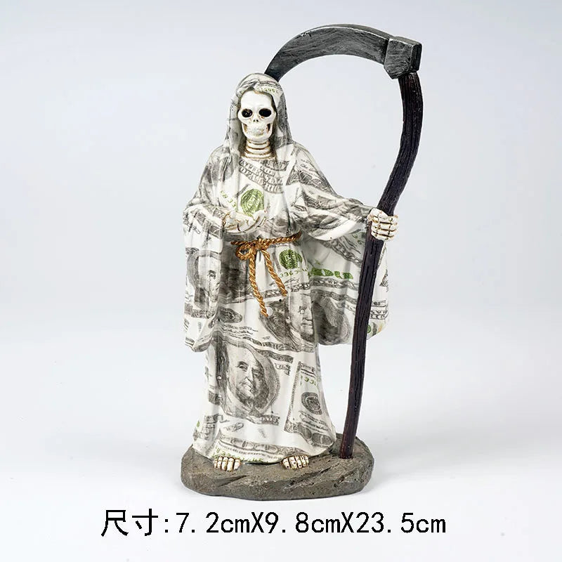 statue squelette robe billets banque motifs floraux chaussures gothique halloween blanc noir beige